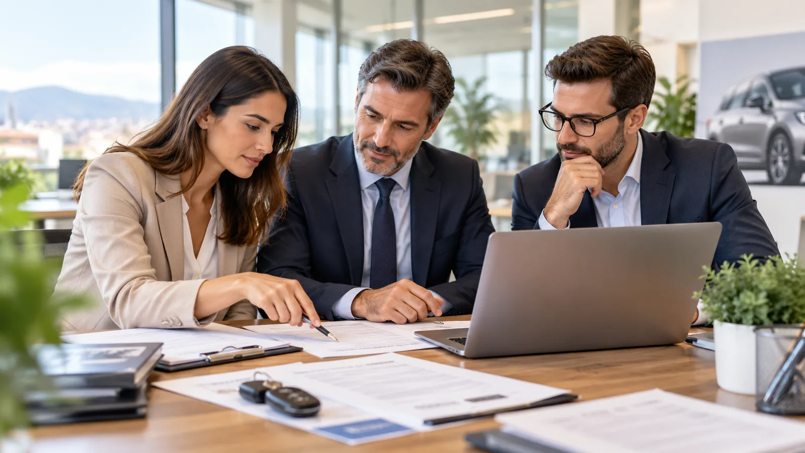 Equipo de expertos economistas revisando documentación de vehículos